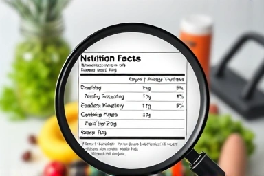 Magnifying glass on diet supplement label with certifications